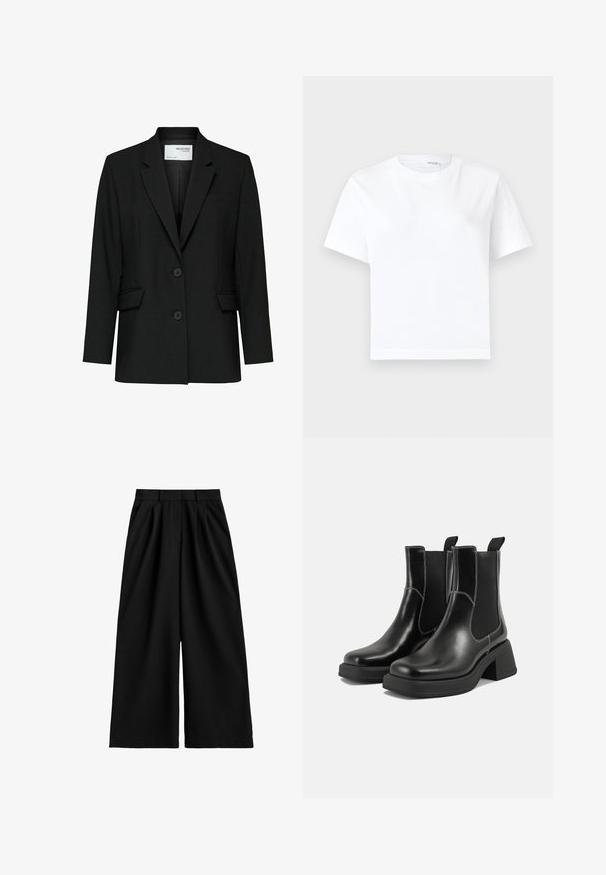 Schwarze Blazer aus glattem Stoff, mit Reverskragen, zwei Knöpfen, Fronttaschen und einer einzelnen Brusttasche.; Einfaches weißes kurzärmeliges Baumwoll-T-Shirt mit rundem Ausschnitt und geradem Saum, dargestellt auf weißem Hintergrund.; Schwarze, weite Hosen mit hoher Taille, Gürtelschlaufen, vorderen Falten und einer sauberen, glatten Stoffoberfläche.; Schwarze Leder Chelsea-Stiefel mit einem klobigen Absatz, elastischen seitlichen Einsätzen und kontrastierendem weißen Nähten. Strukturierte Oberfläche.