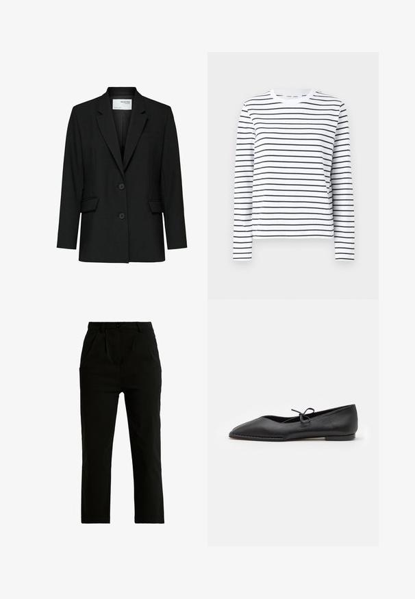 Čierny blazer vyrobený z hladkého materiálu, s režným golierom, dvoma gombíkmi, prednými vreckami a jedným náprsním vreckom.; Biela košeľa s dlhým rukávom z bavlny s čiernymi vodorovnými pruhmi. Má okrúhly výstrih a voľný strih. Bez výrazných akcentov alebo vzorov.; Čierne nohavice vyrobené z bavlneného zmesi, s rovnými nohavicami, dvoma prednými vreckami, jediným gombíkovým zapínaním a viditeľnými švovými detailmi.; ALOHAS SWAY - Balerínky - black