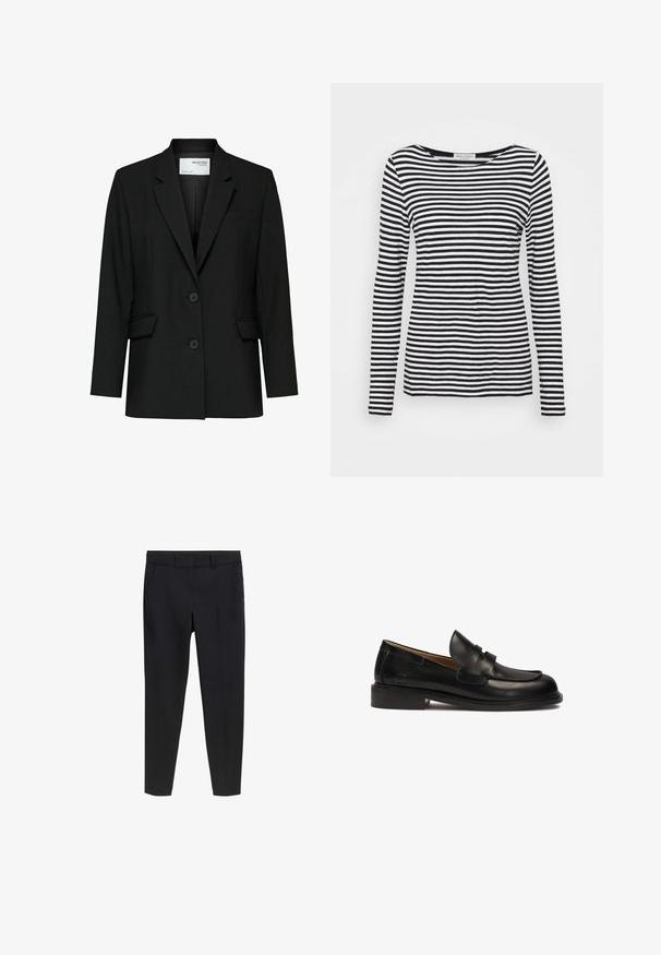 Blazer negro hecho de tela suave, con solapas muescas, dos botones, bolsillos delanteros y un bolsillo en el pecho.; Camisa de manga larga y cuello redondo con un patrón de rayas en blanco y negro. Fabricada con una tela suave y de corte regular. Diseño limpio y minimalista.; Pantalones negros ajustados de corte slim hasta los tobillos con pasadores para cinturón y bolsillos delanteros sobre un fondo blanco.; Mocasín de cuero negro con punta redonda, cinta decorativa en la parte superior y tacón bajo apilado. Textura suave y detalles de costura mínimos.