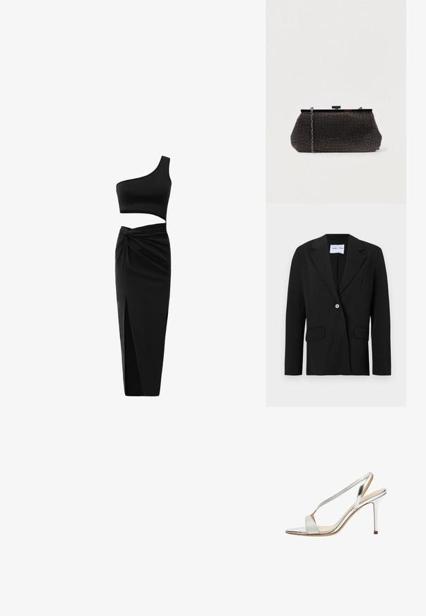 Zwarte enkelknopsblazer met inkeping reverskraag en klepzakken, getoond op een witte achtergrond.; Zwart twee-delig outfit met een één-schouder crop top en hoge taille rok met een gedraaide detail en een zijsplit. Glad materiaal.; Zilveren metallic hoge hak sandaal met open teen, dunne enkelband en slanke stiletto hak op een witte achtergrond.; Zwarte mesh clutchbag met een gestructureerde silhouette, versierd met kleine metalen studs, heeft een sluiting met een klapmechanisme en een afneembare kettingriem.