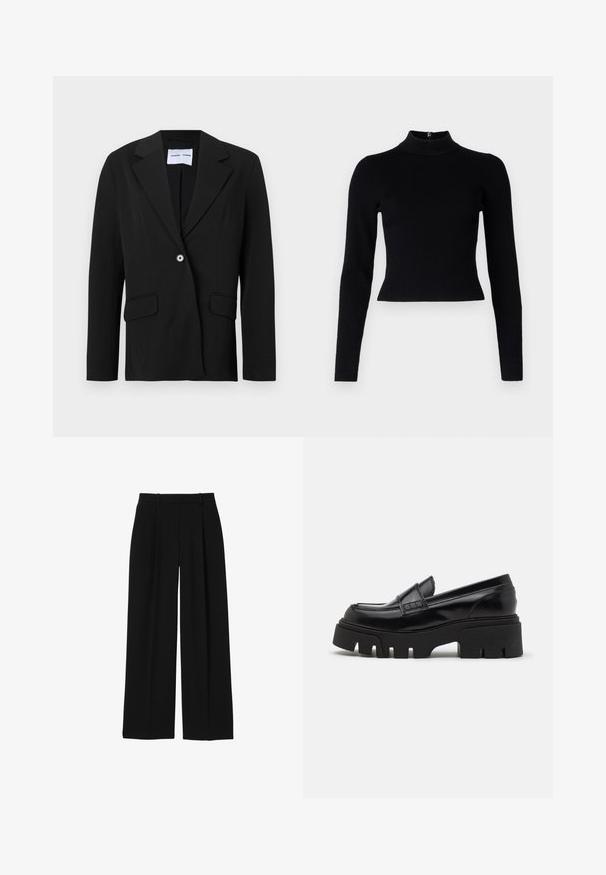 Sort enkeltknappet blazer med hakket reverskrave og klaplommer, vist på hvid baggrund.; Sort ribbet turtleneck sweater med lange ærmer og en tætsiddende silhuet, der har en glat overflade og en lynlåsdetalje på ryggen.; Sorte bukser med høj talje og vidde i benene med bæltestropper og forreste presninger, vist på hvid baggrund.; Sorte læder loafers med en chunky, tekstureret platformssål og en dekorativ rem over toppen. Glat, blank finish.