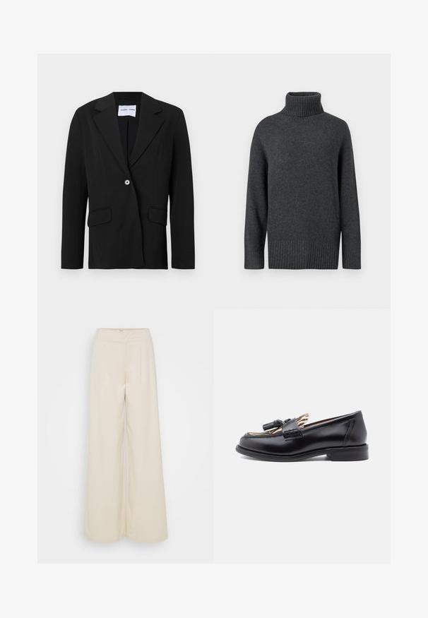 Schwarzer Ein-Knopf-Blazer mit Reverskragen und Pattentaschen, dargestellt auf weißem Hintergrund.; Dunkelgrauer Rollkragenpullover aus Strickstoff, mit einem gerippten Kragen und Saum, locker sitzenden Ärmeln und schlichter Gestaltung.; Beige weite Hosen mit hoher Taille, zwei Frontfalten und einer glatten Struktur. Hergestellt aus leichtem, atmungsaktivem Material.; Schwarze Lederloafers mit runder Spitze, ausgestattet mit einem geflochtenen Quastenakzent und einer kontrastierenden Tierdruckfutter. Niedriger, gerader Absatz.
