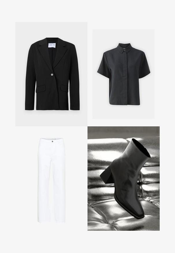 Sort enkeltknappet blazer med hakket reverskrave og klaplommer, vist på hvid baggrund.; Kortærmet sort skjorte med knapper og klassisk krave, lavet af et glat stof, med lige snit og minimalistisk design.; Hvide brede jeans i denim. Har en knaplukning og traditionelt fem-pockets design. Glat tekstur med en ren finish.; Sorte ankelstøvler lavet af glossy materiale med firkantet tå og spidse hæle, sat mod en skinnende sølv tuftet baggrund.