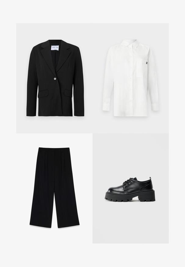 Sort enkeltknappet blazer med hakket reverskrave og klaplommer, vist på hvid baggrund.; Hvid langærmet skjorte lavet af bomuldsblandingsstof, med en button-down krave, brystlomme og et lille sort logo på brystet.; Sorte vide bukser lavet af glat stof, der har læg foran, en mellemhøj talje og ingen synlige lukninger eller pynt.; Sorte lædersko med rund tå, snøresystem og en kraftig gummisål med dybe slidbaner. Enkel syning langs kanterne.