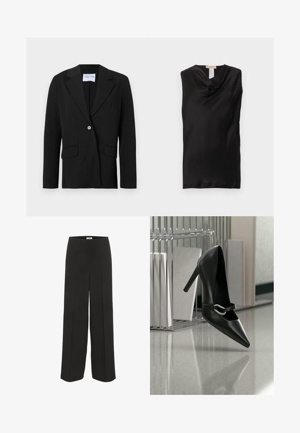 Sort enkeltknappet blazer med hakket reverskrave og klaplommer, vist på hvid baggrund.; Sort ærmeløs top med rynket hals, lavet af glat stof, med en diskret glans og uden synlige lukninger eller pynt.; Sorte bukser med vid ben, høj talje og subtile pressede detaljer, designet til en afslappet og elegant pasform.; Sort spids højhælet sko med en sølvspænde, placeret på en reflekterende overflade nær en metalfilorganisator med papirer.
