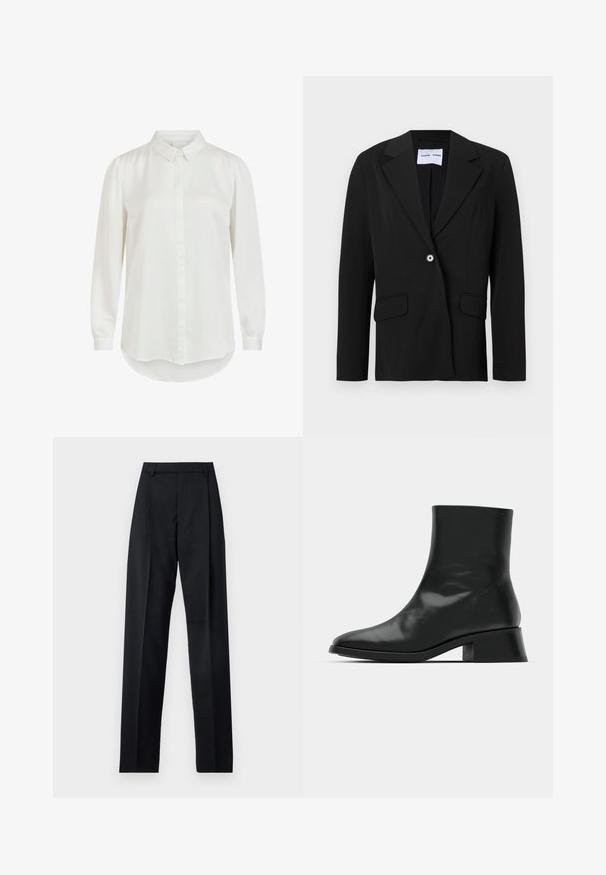 Sort enkeltknappet blazer med hakket reverskrave og klaplommer, vist på hvid baggrund.; Hvid langærmet skjorte med klassisk krave, der har en glat tekstur og knaplukning. Rundet kant og let puffede ærmer.; Sorte bukser lavet af glat stof, der har høj talje, brede ben, frontfolder og klassiske bælteløkker. Ingen synlige sidelommer.; Sort ankelstøvle lavet af blank læder, med et strømlinet design, spids tå og en moderat blokhælhøjde for stabilitet.