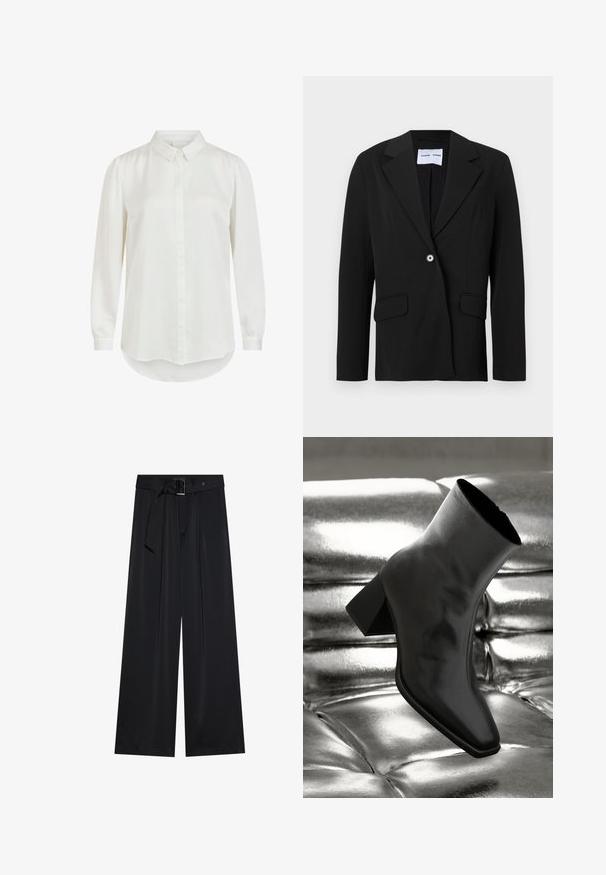 Sort enkeltknappet blazer med hakket reverskrave og klaplommer, vist på hvid baggrund.; Hvid langærmet skjorte med klassisk krave, der har en glat tekstur og knaplukning. Rundet kant og let puffede ærmer.; Sorte breddebenede bukser lavet af glat stof, med en høj talje og detaljer med bælte og løkker samt markante plissee foran.; Sorte ankelstøvler lavet af glossy materiale med firkantet tå og spidse hæle, sat mod en skinnende sølv tuftet baggrund.