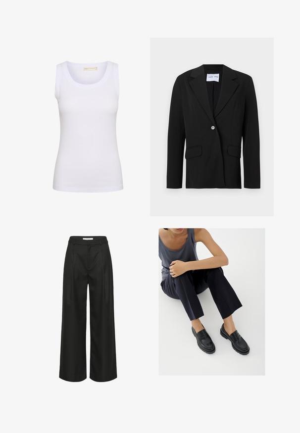 Sort enkeltknappet blazer med hakket reverskrave og klaplommer, vist på hvid baggrund.; Hvid ribstrikket ærmeløs tanktop med rund halsudskæring, lille mærkat med mærke inden i kraven og tætsiddende pasform.; Sort bukser med vide ben og skræddersyet design, der har høj talje, forreste læg og glat stoftekstur. Velegnet til formelt tøj.; Sorte læderloafers med teksturerede detaljer, lav hæl, rund tå og synlige syninger. Modellen bærer mørke bukser og en grå top.