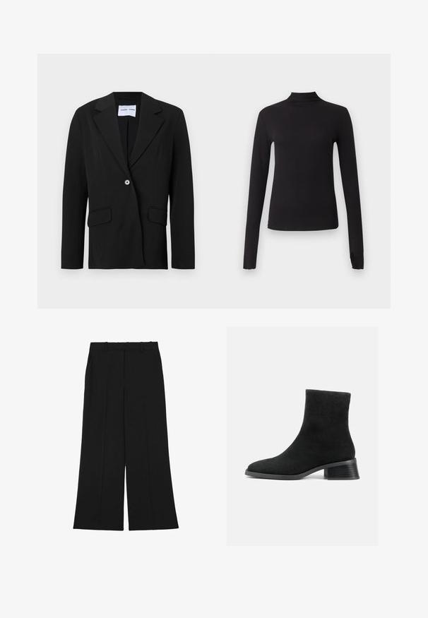 Blazer negro de un botón con solapa con muesca y bolsillos con solapa, presentado sobre fondo blanco.; Camiseta negra ajustada de manga larga con cuello alto, mostrada sobre un fondo gris claro liso.; Pantalones negros de pierna ancha hechos de una tela suave. Presentan una cintura alta, doble pinza frontal y trabillas para cinturón. No tienen bolsillos ni adornos visibles.; Botín de ante negro hasta el tobillo con punta redondeada, caña corta y tacón bajo apilado. Textura suave sin patrones ni adornos visibles.
