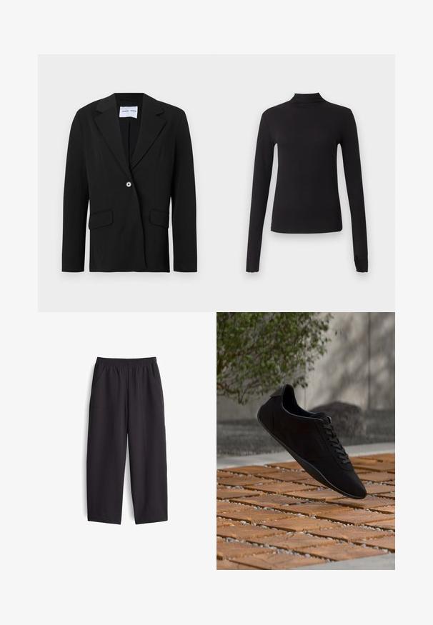 Zwarte enkelknopsblazer met inkeping reverskraag en klepzakken, getoond op een witte achtergrond.; Zwart aansluitend shirt met lange mouwen en nepkraag, weergegeven op een effen lichtgrijze achtergrond.; Zwarte, wijde broek gemaakt van een gladde stof. Voorzien van een elastische tailleband en twee zakken aan de zijkant, met zichtbare stikdetails.; Zwarte veter-achtige sneaker zwevend boven een houten en kiezelmotief vloer met groen loof en een grijze muur op de achtergrond.