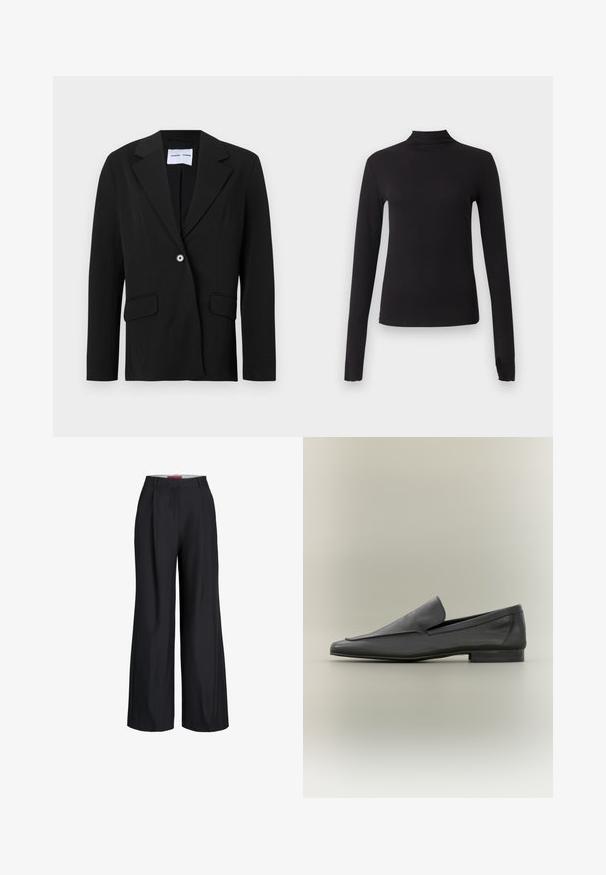 Blazer noir à un bouton avec col cranté et poches à rabat, présenté sur fond blanc.; Haut noir ajusté à manches longues avec col montant, présenté sur un fond gris clair uni.; Pantalon large noir avec passants de ceinture et fermeture éclair à l'avant, présenté sur fond blanc.; Mocassins en cuir noir avec une finition lisse, un bout pointu et un design minimaliste. Talon bas empilé et accents de couture subtils.