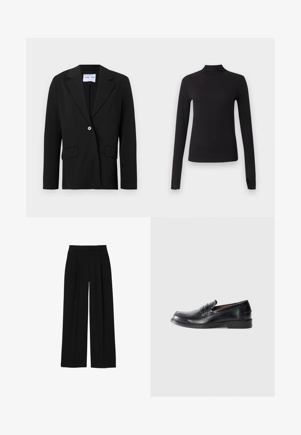 Sort enkeltknappet blazer med hakket reverskrave og klaplommer, vist på hvid baggrund.; Sort langærmet tætsiddende top med høj hals, vist på ensartet lysegrå baggrund.; Sorte bukser med høj talje og vidde i benene med bæltestropper og forreste presninger, vist på hvid baggrund.; Sorte læder loafers med en rund tå, syninger og en lav blokhælhæl. Glat tekstur med en subtil glans.