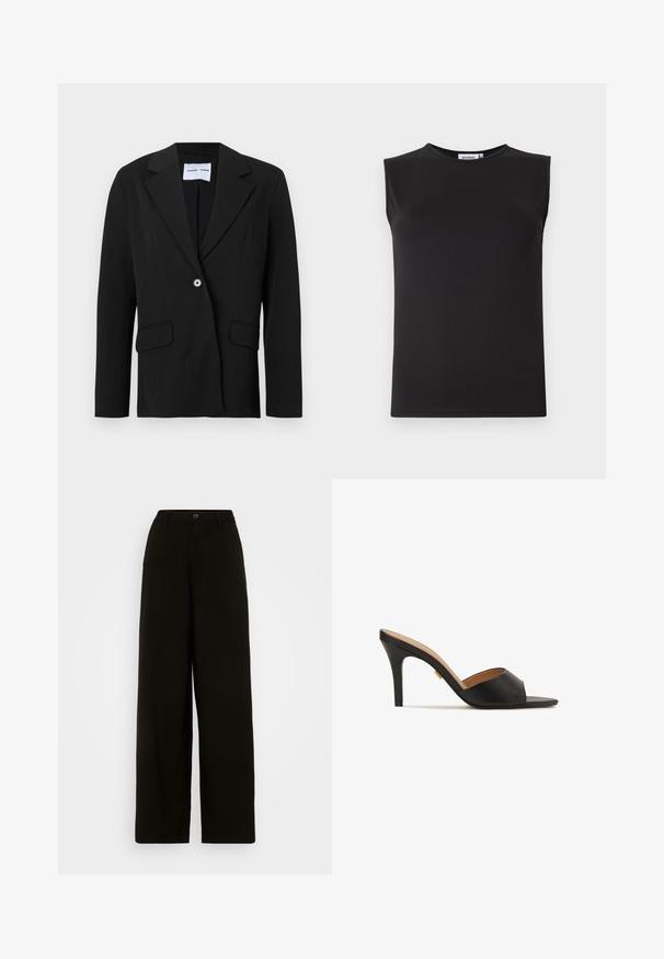 Blazer negro de un botón con solapa con muesca y bolsillos con solapa, presentado sobre fondo blanco.; Top negro sin mangas de tela suave y elástica. Presenta un escote redondo y una silueta ajustada. Sin patrones o acentos visibles.; Pantalones de pierna ancha negros, hechos de una tela suave, con cierre de botón en la cintura y una silueta entallada sin patrones visibles.; Zapatillas de tacón alto abiertas en la parte delantera, de color negro, con un upper de cuero suave, punta almendrada y un elegante tacón de aguja. Detalle decorativo en tono dorado visible.