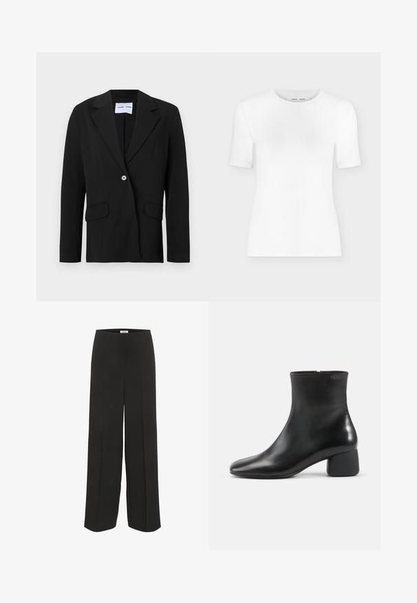 Blazer negro de un botón con solapa con muesca y bolsillos con solapa, presentado sobre fondo blanco.; Camiseta blanca de manga corta con cuello redondo, ajuste slim y textura de tejido acanalado, mostrada sobre un fondo liso gris claro.; Pantalones negros de pierna ancha con cintura alta y detalles sutiles de pliegue, diseñados para un ajuste relajado y elegante.; Botín negro de cuero con puntera cuadrada redondeada, cremallera lateral y tacón bajo y grueso sobre un fondo sencillo y claro.