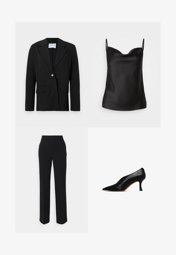 Blazer negro de un botón con solapa con muesca y bolsillos con solapa, presentado sobre fondo blanco.; Camisón de satén negro con un escote pronunciado, tirantes finos y una textura suave y brillante. Diseño simple y clásico sin adornos.; Pantalones negros de pierna recta con una textura suave. Presentan una cintura y sin patrones ni acentos visibles. Diseño clásico y ajustado.; Zapato de tacón alto de cuero negro con punta afilada y un tacón delgado y curvado. Presenta una textura suave y un diseño minimalista.