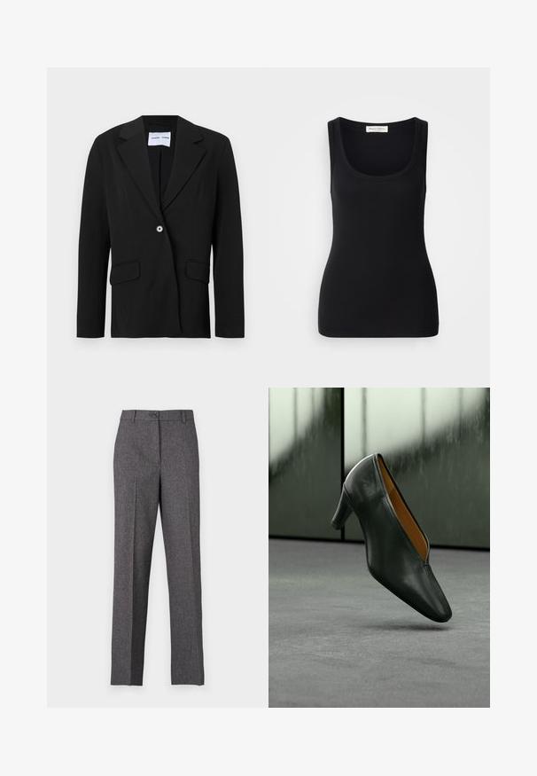 Sort enkeltknappet blazer med hakket reverskrave og klaplommer, vist på hvid baggrund.; Sort ribbet tanktop med rund halsudskæring, brede skulderstropper og en tætsiddende pasform. Label bagpå med teksten "Marc O'Polo."; JDY Wide-leg JDYBLOOM Tapered Fit - Bukser - black/white salt and pepper; Sort lædermellemhælssko, der svæver over gråt tæppe med sløret glasvinduesbaggrund.