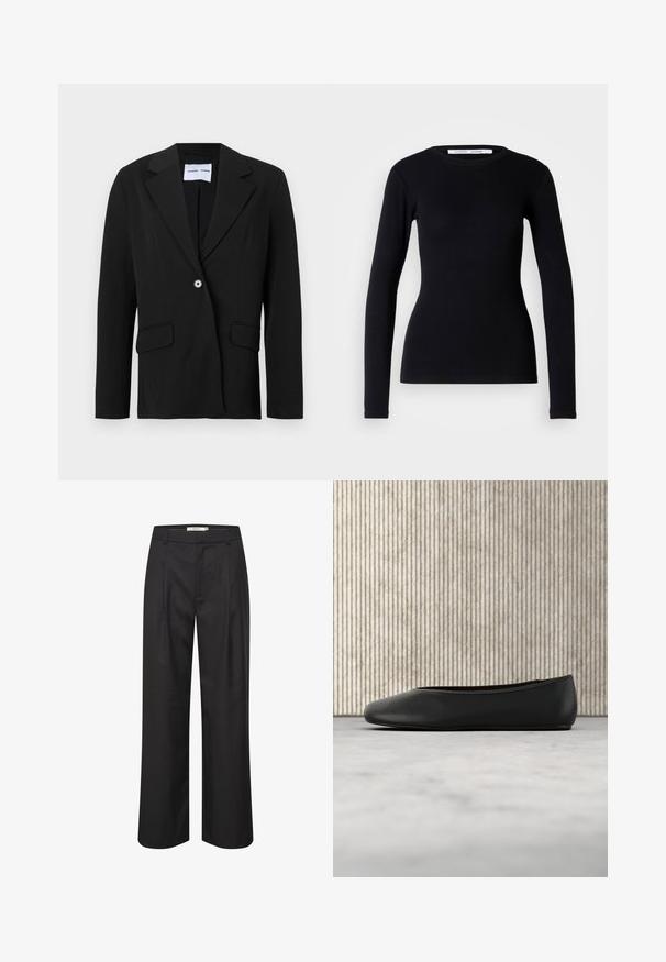 Sort enkeltknappet blazer med hakket reverskrave og klaplommer, vist på hvid baggrund.; Sort langærmet top lavet af ribbet stof. Har en rund halsudskæring og tætsiddende pasform. Ingen mønstre eller pyntegenstande. Simpelt design.; Sorte breddebenede bukser med en glat overflade, plisseret forside, bæltestropper og en skræddersyet design. Materialet giver et poleret udseende.; Sorte læder balletflade med en rund tå, glat tekstur og en gulds logoaccent på siden. Placeret over en reflekterende overflade.