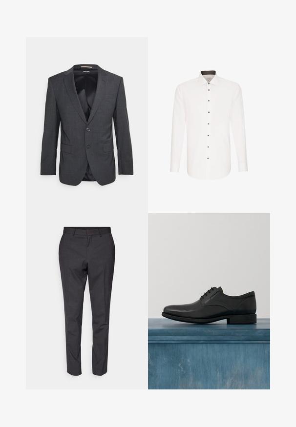 Blazer gris foncé en tissu texturé, avec un revers cranté, une fermeture à un bouton et deux poches avant.; Chemise blanche à manches longues avec boutons sur le devant, col italien et détail intérieur de col contrastant noir, présentée de face sur fond blanc.; Pantalons gris ajustés avec une texture lisse, coupe slim et jambes fuselées, dotés d'un devant plat et de passants de ceinture pour plus de détail.; Chaussure habillée en cuir noir avec une finition brillante, bout arrondi, conception à lacets, coutures contrastantes et un petit talon en caoutchouc.