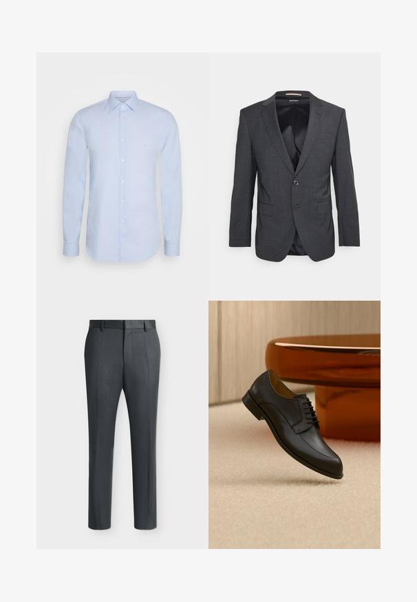 Dunkelgrauer Blazer aus einem strukturierten Stoff, mit einem Reverskragen, einem einzigen Knopfverschluss und zwei frontalen Taschen.; Helles blaues Langarmshirt aus glattem Baumwollmaterial, ausgestattet mit einem klassischen Kragen, einer Knopfverschluss und dezentem Branding auf der Brust.; Dunkelgraue formelle Hose mit Gürtelschlaufen und Bügelfalten, auf einem schlichten hellen Hintergrund gezeigt.; Schwarzer Lederschnürschuh, der über einem beigen Teppich schwebt, mit einem runden orangefarbenen Tisch im Hintergrund.