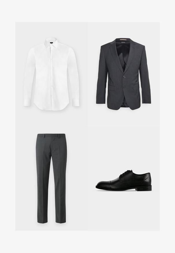 Blazer gris oscuro hecho de una tela texturizada, con solapa de muesca, cierre de un solo botón y dos bolsillos frontales.; Camisa blanca de vestir de manga larga con botones y cuello puntiagudo, colocada perfectamente plana sobre un fondo gris claro.; Pantalones ajustados de color gris oscuro fabricados en un textil suave. Presentan perneras rectas, un frente plano y pasadores para cinturón. Sin patrones ni acentos visibles.; Zapato masculino formal oxford de piel negra con cordones cerrados, puntera con tapa y tacón bajo apilado, mostrado desde el lado exterior.