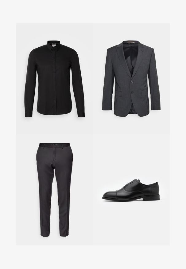 Donkergrijze blazer van een gestructureerde stof, met een reverskraag, enkele knoopsluiting en twee steekzakken aan de voorkant.; Zwarte langarmshirt van gladde stof, met een button-down kraag, een voorpannetje en een subtiele logo detail op de borst.; Op maat gemaakte zwarte broek van een gladde stof, met een slim fit, rechte pijpen en een platte voorkant met ceintuurlussen.; Zwarte leren dresschoenen met een ronde neus, vetersluiting en subtiele stikseldetails. Voorzien van een lage hak en een gladde textuur.
