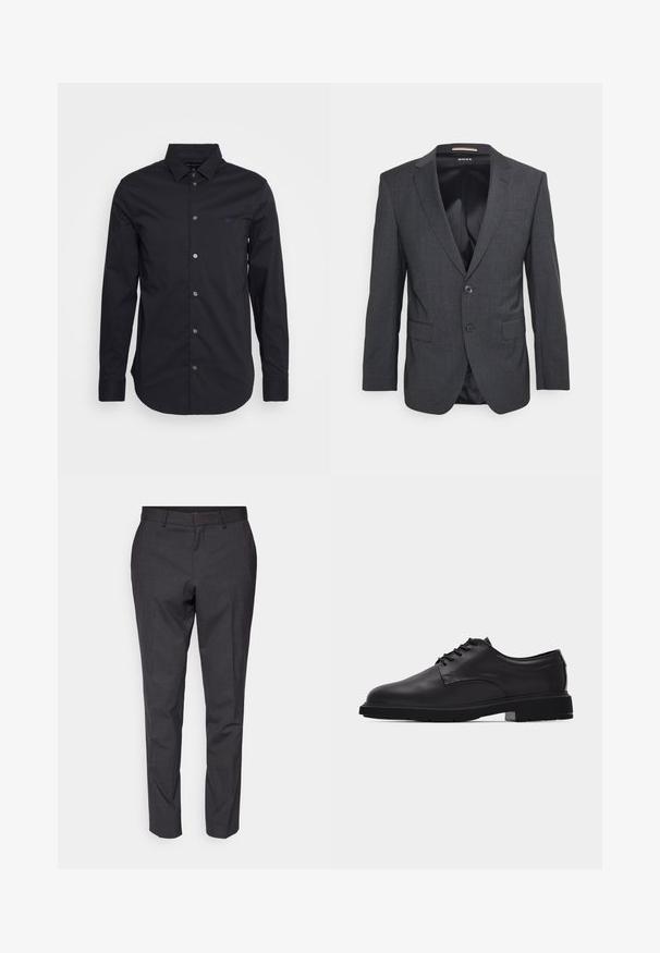 Blazer gris oscuro hecho de una tela texturizada, con solapa de muesca, cierre de un solo botón y dos bolsillos frontales.; Camisa negra de manga larga y botonadura, confeccionada en una tela suave, con un cuello clásico, mangas de longitud completa y un pequeño logo en el pecho.; Pantalones grises ajustados con una textura suave, corte slim y piernas entalladas, con un frente plano y lazos para cinturón como detalle adicional.; Zapato de vestir para hombre de cuero negro con cordones, acabado liso y suela gruesa de goma, mostrado de perfil sobre fondo blanco.