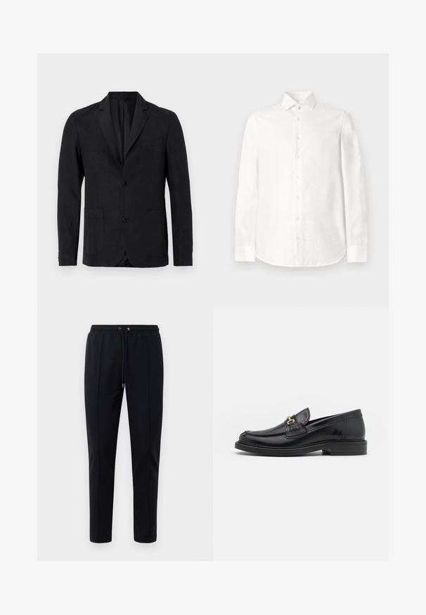 Sort blazer lavet af glat stof med notch-krave, to forlommer, enkelt knaplukning og minimalistisk design.; Hvid langærmet skjorte lavet af glat stof. Har en spids krave, frontlukning med knapper og en rundet kant. Ingen synlige mønstre.; Sorte jogger bukser lavet af blødt, strækbart materiale. Har en elastisk talje med snoretræk og smalle ben. Ingen synlige mønstre.; Sorte læder loafers med en rund tå, der har guld hardware accent og syningsdetaljer, placeret på en lav, tekstureret gummisål.