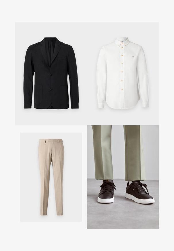 Zwarte blazer van gladde stof, met een ingesneden revers, twee zakken aan de voorkant, sluiting met één knoop en een minimalistisch ontwerp.; Wit overhemd met knopen, lange mouwen, klassieke kraag, oranje knopen en een klein geborduurd logo op de borst. Glad katoenen stof.; Beige tapschoenen gemaakt van lichtgewicht stof, met voorplooien, twee zijzakken en een gladde textuur.; Bruine leren sneakers met geperforeerde details, platte witte rubberen zool en zwarte veters, gecombineerd met lichtgroene taps toelopende broeken.