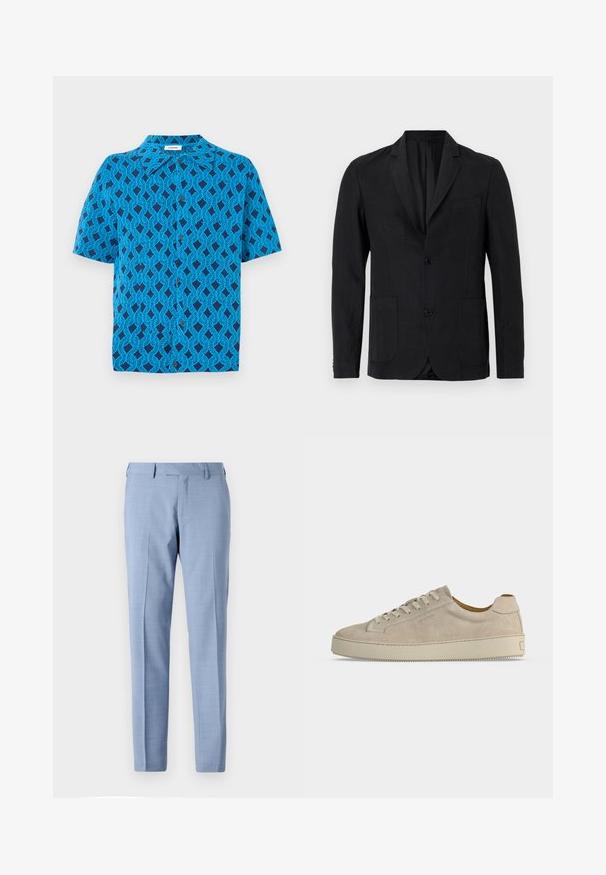 Zwarte blazer van gladde stof, met een ingesneden revers, twee zakken aan de voorkant, sluiting met één knoop en een minimalistisch ontwerp.; Korte mouw shirt van blauwe stof met een geometrisch patroon van met elkaar verweven lijnen, met een kraag en een knoopsluiting aan de voorkant.; Lichtblauwe op maat gemaakte pantalon met een vlakke voorkant, zijzakken, riemlussen en een rechte pijpsnede op een effen achtergrond.; Beige suède lage sneaker met vetersluiting en dikke rubberen zool, gezien vanaf de zijkant op een effen witte achtergrond.