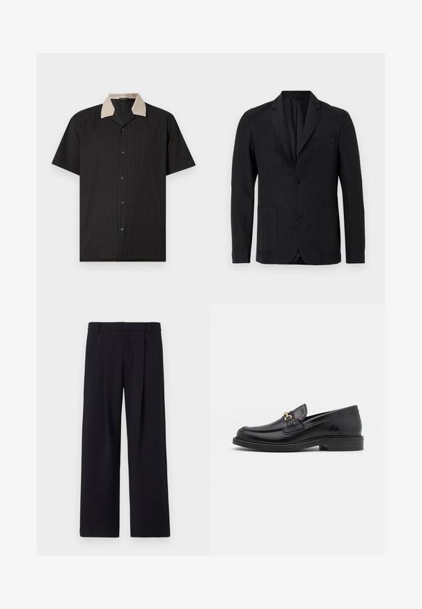 Sort blazer lavet af glat stof med notch-krave, to forlommer, enkelt knaplukning og minimalistisk design.; Kortærmet skjorte i sort med lodrette striber, der har en beige krave og frontknapper. Fremstillet af letvægtsstof med en glat tekstur.; Bredde ben bukser i sort stof, med frontfolder, flad front og bæltestropper. Glat tekstur uden synlige mønstre eller accenter.; Sorte læder loafers med en rund tå, der har guld hardware accent og syningsdetaljer, placeret på en lav, tekstureret gummisål.