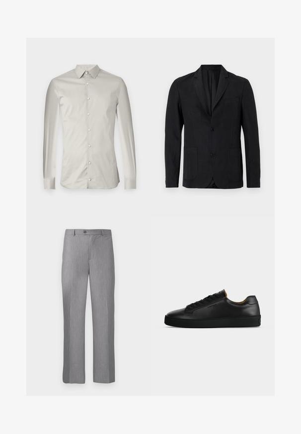 Sort blazer lavet af glat stof med notch-krave, to forlommer, enkelt knaplukning og minimalistisk design.; Lys grå langærmet skjorte lavet af glat stof. Har en spids krave, forreste knapper og en skræddersyet pasform med et minimalt design.; Grå skræddersyede bukser med bælte-løkker, frontknap og lynlås, med lige ben.; Sort lavtopet læder-sneaker med sorte snørebånd, tekstureret gummisål og lille præget logo på siden, vist i profil mod grå baggrund.