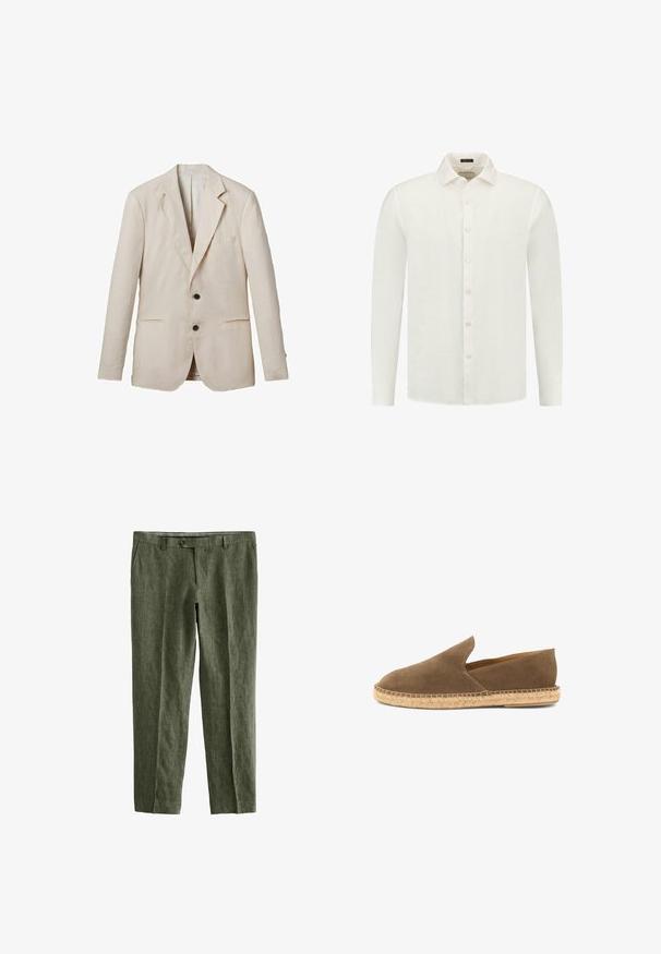 Lys beige linned blazer med klippet revers, to frontlommer, to sorte knapper og minimal dekoration. Glat, tekstureret finish.; Hvid langærmet skjorte lavet af linned med en knap-ned krave, der har en front knapstolpe og en lige kant.; Next SIGNATURE - REGULAR FIT - Bukser - olive green; Brun ruskinds slip-on espadrille med flettet jutesål og lavtskårne sider, designet til afslappet brug.