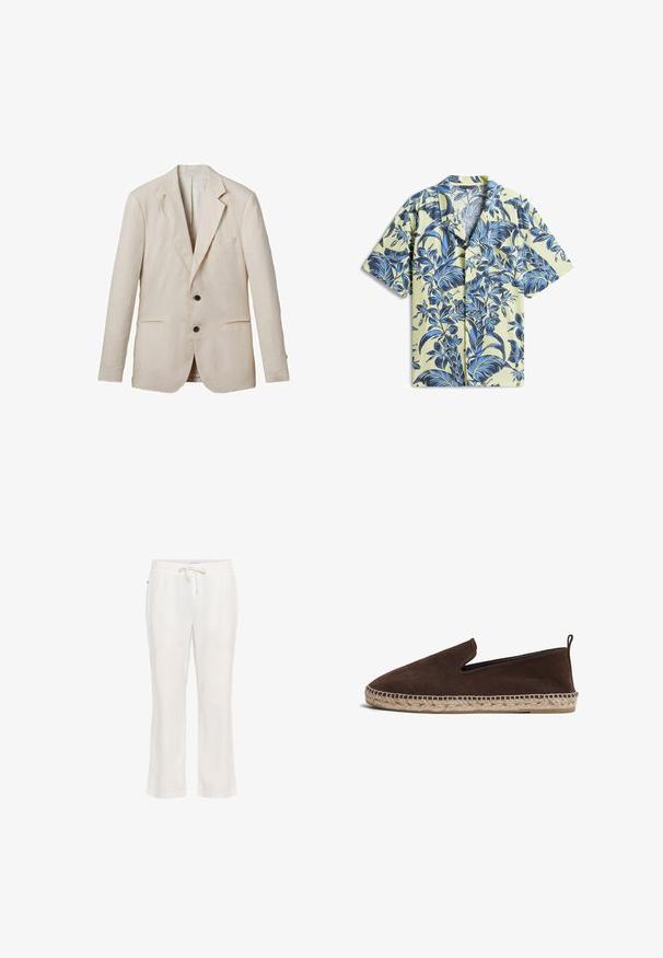 Lys beige linned blazer med klippet revers, to frontlommer, to sorte knapper og minimal dekoration. Glat, tekstureret finish.; Kortærmet skjorte med knapper foran, med svagt gul baggrund og kraftigt blåt tropisk bladmønster og blomsterprint.; Lettere, hvide linnedbukser med elastisk talje og snorbindning. Lige ben-design med en glat tekstur og uden bemærkelsesværdige mønstre.; Brune ruskinds slip-on sko med en sål af jute reb, spids tådesign og en lille bagtrækflap.