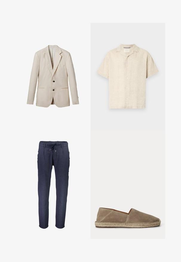 Lys beige linned blazer med klippet revers, to frontlommer, to sorte knapper og minimal dekoration. Glat, tekstureret finish.; Lys beige kortærmet skjorte med knapper lavet af hør, med en camp krave, rene linjer og subtil tekstur, med fem forreste knapper.; Mørkeblå, tapered bukser lavet af struktureret stof, med en elastisk talje med justerbar snøre og sidelommer.; Beige ruskind espadrille sko med flettet juttesål og lukket rundet tå, vist fra siden på en ensfarvet baggrund.