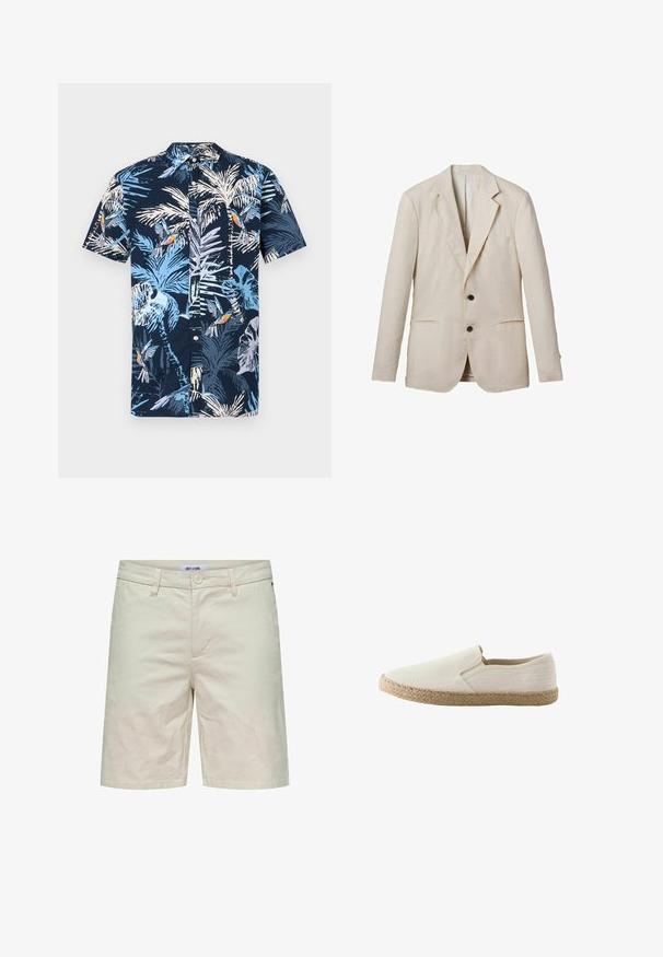 Helles beige Leinenblazer mit Reverskragen, zwei Fronttaschen, zwei schwarzen Knöpfen und minimaler Detailgestaltung. Glatte, strukturierte Oberfläche.; Hemd mit kurzen Ärmeln in Marineblau mit einem tropischen Druck aus hellblauen Palmblättern und bunten Vögeln. Mit Button-Down-Kragen.; Beige Baumwollshorts mit Knopfverschluss, Gürtelschlaufen und Seitentaschen. Glatte Textur und gerader Schnitt, geeignet für legere Anlässe.; Beiger Slipper mit gewebter Jutesohle und schlichter Stoffoberseite, Seitenansicht vor weißem Hintergrund.