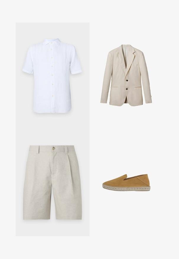Licht beige linnen blazer met een notch-lapel, twee voorzakken, twee zwarte knopen en minimale details. Gladde, textuurafwerking.; Witte korte mouwen shirt van linnen, met een knoopsluiting aan de voorkant, een zachte textuur en een subtiele glans. De knopen zijn lichtgeel.; Beige op maat gemaakte shorts met voorplooien, riemlusjes en een enkele knoopsluiting aan de tailleband.; Lichtbruine suède espadrille met een vlakke jute touwzool, voorzien van een gesloten neus en uitsparingen aan de zijkant voor ademend vermogen.