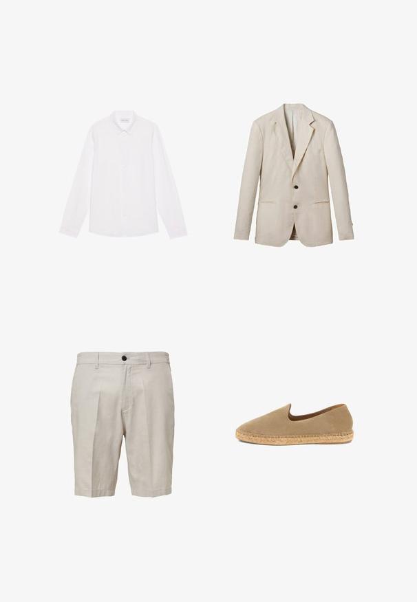 Blazer en lin beige clair avec un revers cranté, deux poches avant, deux boutons noirs et des détails minimes. Fini lisse et texturé.; Chemise blanche à manches longues, en coton. Présente un col classique, des boutons sur le devant et une texture lisse sans motifs visibles.; Shorts en lin beige avec des plis, fermeture à boutons, poches latérales et coupe ajustée. Présente une texture lisse et une finition soignée.; Espadrille beige à enfiler avec dessus en toile et semelle en jute tressé, vue de profil sur fond blanc.