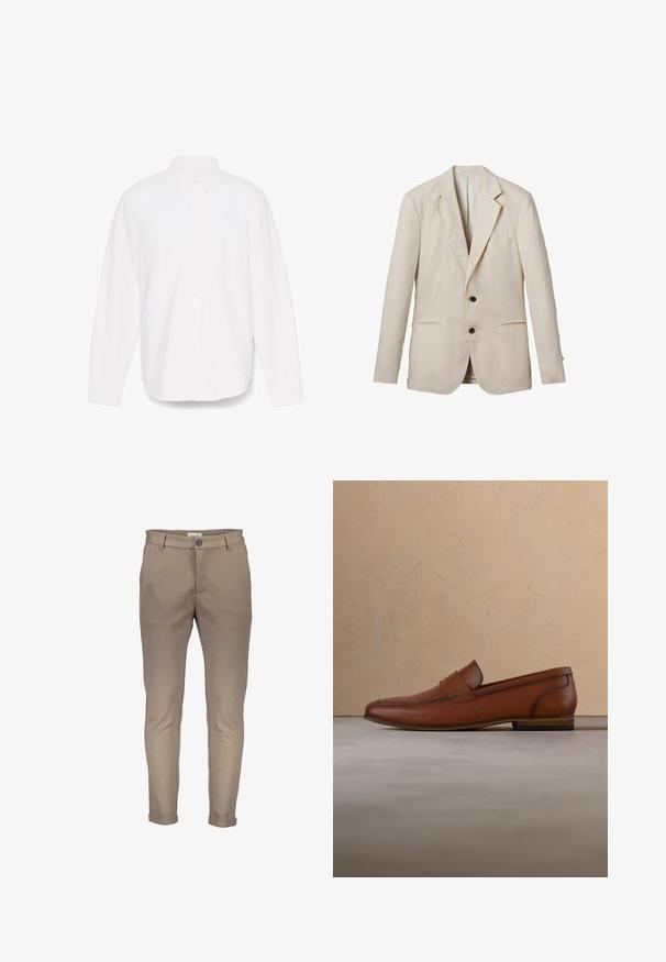 Lys beige linned blazer med klippet revers, to frontlommer, to sorte knapper og minimal dekoration. Glat, tekstureret finish.; Hvid langærmet skjorte med knapper og spidse kraver, enkelt lomme og subtilt tekstureret stof. Har knapmanchetter og lige kant.; Beige bomuldsblanding bukser med en tætsiddende pasform, der har knaplukning, bæltestropper og opviklede manchetter. Glat tekstur med rene syninger.; Brun læderloafer, der svæver over et beige tæppe med en sløret lys brun sofa i baggrunden.