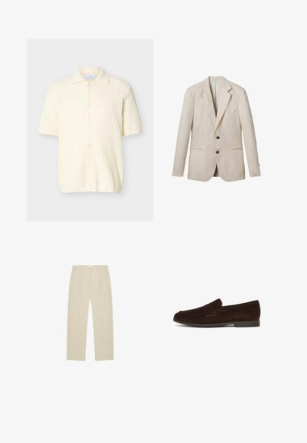 Lys beige linned blazer med klippet revers, to frontlommer, to sorte knapper og minimal dekoration. Glat, tekstureret finish.; Kortærmet strikket cardigan i cremefarve med tekstureret mønster, ribkant ved kraven, knapper foran samt ribkant forneden og ved ærmekanterne.; Beige bukser med lige ben, forreste læg, sidelommer, bæltestropper og knaplukning i taljen.; Brun ruskind herre loafer med lav hæl og syninger på overdelen og remmen på hvid baggrund.