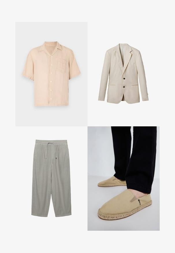 Helles beige Leinenblazer mit Reverskragen, zwei Fronttaschen, zwei schwarzen Knöpfen und minimaler Detailgestaltung. Glatte, strukturierte Oberfläche.; Kurzärmeliges, hellbeiges Leinenhemd mit spitzem Kragen, Knopfleiste und Brusttasche. Weiche Textur und lockere Passform.; Hellgraue locker sitzende Hose mit elastischem Bund, Kordelzug und Seitentaschen, auf weißem Hintergrund dargestellt.; Beige Leinenschaftsschuhe mit elastischen Einsätzen, Jute-Seilsohle und kontrastierenden Nähten. Tragen mit schwarzen, schmal zulaufenden Hosen.