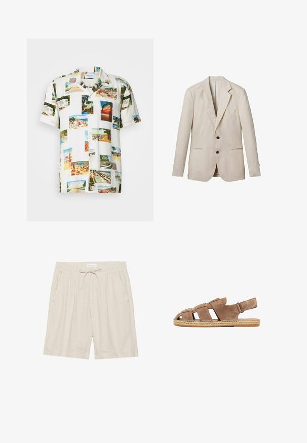 Blazer de lino beige claro con solapa de muesca, dos bolsillos delanteros, dos botones negros y un acabado minimalista. Superficie suave y texturizada.; Camisa blanca de manga corta que presenta un collage de fotografías de paisajes tropicales en varios colores. Tejido ligero, cierre frontal de botones y ajuste relajado.; Shorts de lino beige con cintura elástica, cordón ajustable y bolsillos laterales. Ajuste holgado con pierna recta y dobladillo vuelto.; Sandalia de ante marrón con tiras anchas, punta abierta, tira trasera de sujeción y suela de yute trenzado sobre una suela exterior plana de goma.