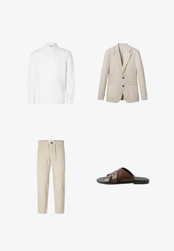 Blazer de lino beige claro con solapa de muesca, dos bolsillos delanteros, dos botones negros y un acabado minimalista. Superficie suave y texturizada.; Camisa blanca de manga larga hecha de lino, con cuello abotonado, botones en el frente y un ajuste relajado con puños rectos.; Selected Slim Tapered Linen Blend - Pantalones - vetiver; Sandalia deslizante de cuero marrón para hombre con correas cruzadas y suela negra, mostrada de perfil sobre fondo blanco.
