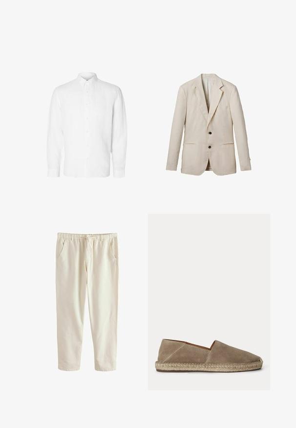 Helles beige Leinenblazer mit Reverskragen, zwei Fronttaschen, zwei schwarzen Knöpfen und minimaler Detailgestaltung. Glatte, strukturierte Oberfläche.; Weißes Langarmhemd aus Leinen mit Button-Down-Kragen, vorderen Knöpfen und einer lässigen Passform mit geraden Manschetten.; Beige Freizeithose mit elastischem Bund, vorderem Kordelzug, seitlichen Taschen und geradem Bein auf weißem Hintergrund.; Beiger Wildleder-Espadrilleschuh mit geflochtener Jutesohle und geschlossenem, abgerundetem Zehenbereich, seitlich auf neutralem Hintergrund gezeigt.
