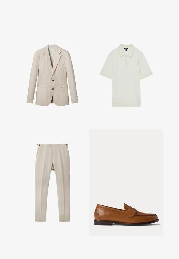 Helles beige Leinenblazer mit Reverskragen, zwei Fronttaschen, zwei schwarzen Knöpfen und minimaler Detailgestaltung. Glatte, strukturierte Oberfläche.; Polohemd mit Reißverschluss in Crèmefarbe, aus weichem Stoff gefertigt, mit spitzem Kragen, kurzen Ärmeln und geradem Saum.; Beige Leinenhosen mit geradem Schnitt, ausgestattet mit zwei Seitentaschen und schwarzen Knopfakzenten am Bund. Glatte, leichtgewichtige Textur.; Brauner Leder-Penny-Loafer mit niedrigem Absatz und gesteppten Details an Vorder- und Seitenpartien, seitlich auf weißem Hintergrund dargestellt.