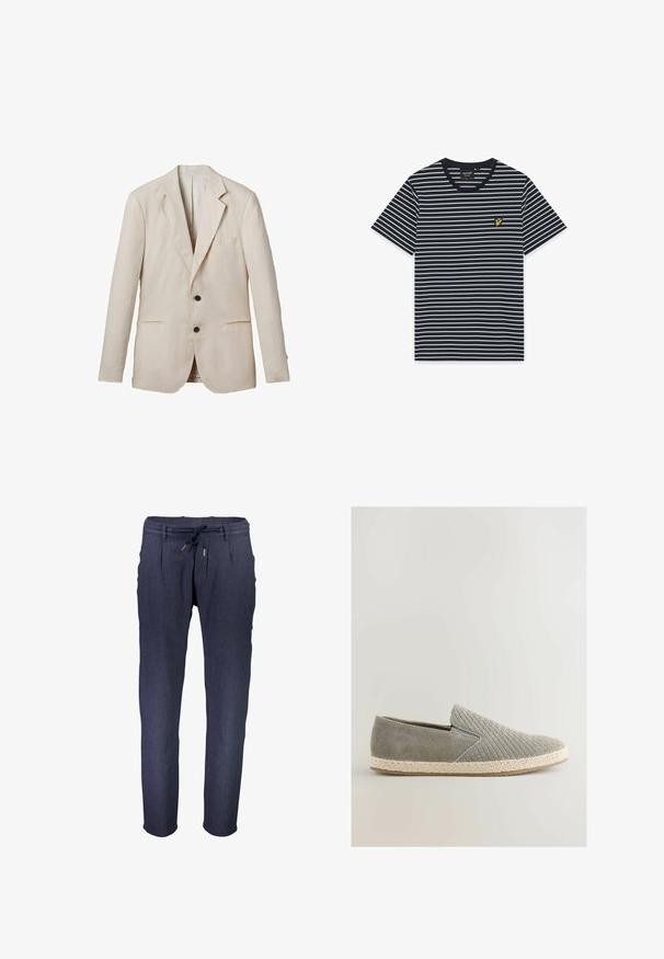 Helles beige Leinenblazer mit Reverskragen, zwei Fronttaschen, zwei schwarzen Knöpfen und minimaler Detailgestaltung. Glatte, strukturierte Oberfläche.; Marineblaues T-Shirt mit kurzen Ärmeln, dünnen weißen horizontalen Streifen und einem kleinen gelben Vogel-Logo auf der linken Brust.; Marineblaue, taillierte Hose aus strukturiertem Stoff, mit einem elastischen Taillenbund, verstellbarem Kordelzug und seitlichen Taschen.; Next REGULAR FIT - Espadrille - grey