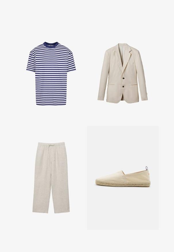 Helles beige Leinenblazer mit Reverskragen, zwei Fronttaschen, zwei schwarzen Knöpfen und minimaler Detailgestaltung. Glatte, strukturierte Oberfläche.; Kurzärmliges gestreiftes T-Shirt mit navyblauen und weißen horizontalen Streifen, runder Ausschnitt, lockere Passform und weichem Baumwollmaterial.; Leicht beige Leinenhose mit elastischem Bund und Kordelzug, geradem Bein und Seitentaschen.; Beige Leinensandale mit runder Zehenform, geflochtener Jutesohle und einem kleinen roten und blauen Akzent an der Ferse. Leicht und ohne Verschluss.