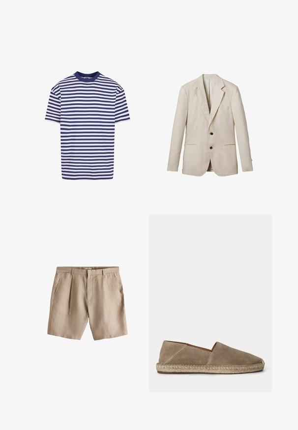 Blazer de lino beige claro con solapa de muesca, dos bolsillos delanteros, dos botones negros y un acabado minimalista. Superficie suave y texturizada.; Camiseta de manga corta a rayas con rayas horizontales azul marino y blancas, cuello redondo, corte relajado y material de algodón suave.; Pantalones cortos de lino beige con trabillas para cinturón, pliegues delanteros, bolsillos laterales y cierre frontal de cremallera.; Zapato espadrille de ante beige con suela de yute trenzado y puntera cerrada y redondeada, mostrado de lado sobre un fondo liso.