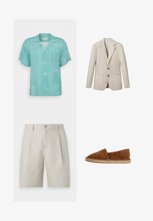 Blazer de lino beige claro con solapa de muesca, dos bolsillos delanteros, dos botones negros y un acabado minimalista. Superficie suave y texturizada.; Camisa de manga corta con cuello en tejido de color verde claro que presenta un diseño sutil y estampado con parches y texturas. Con un bolsillo en el pecho.; Pantalones cortos beige a medida con tablas en la parte delantera, trabillas para cinturón y cierre de un solo botón en la cintura.; Espadrilla de ante marrón tipo slip-on con puntera redondeada, suela de yute natural y costuras en el borde. Sin marcas visibles exceptuando una etiqueta pequeña.