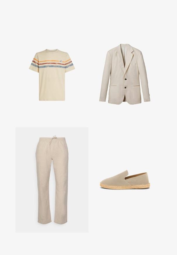 Lys beige linned blazer med klippet revers, to frontlommer, to sorte knapper og minimal dekoration. Glat, tekstureret finish.; Cremefarvet bomulds t-shirt med horisontale striber i orange, rød og blå. Korte ærmer, rund halsudskæring og lille logo-detail på brystet.; Beige linnedrenbukser med en afslappet pasform, elastisk talje og justerbar snøre. Har lige ben og en glat tekstur.; Beige ruskind espadrille med elastisk skaft, jutesnoet sål og lav hæl, set fra siden på hvid baggrund.