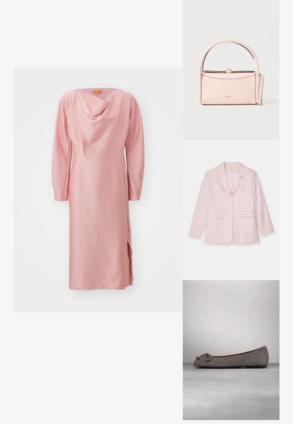 Roze blazer van lichtgewicht stof, met een notch-kraag, enkele knoopsluiting, twee voorkantzakken en lange mouwen.; Roze satijnen jurk met lange mouwen, gedrapeerde colhalslijn en zijsplit. Soepele textuur; valt tot halverwege de kuit met een getailleerde pasvorm.; Grijze suède ballerina's met een ronde neus, een geknoopt touwaccent en een subtiele contrasterende rand langs de rand. Platte, flexibele zool.; Zachte roze lederen handtas met afgeronde handgreep, gouden sluiting en afneembare riem, minimalistisch design, Furla-logo aan de voorkant.